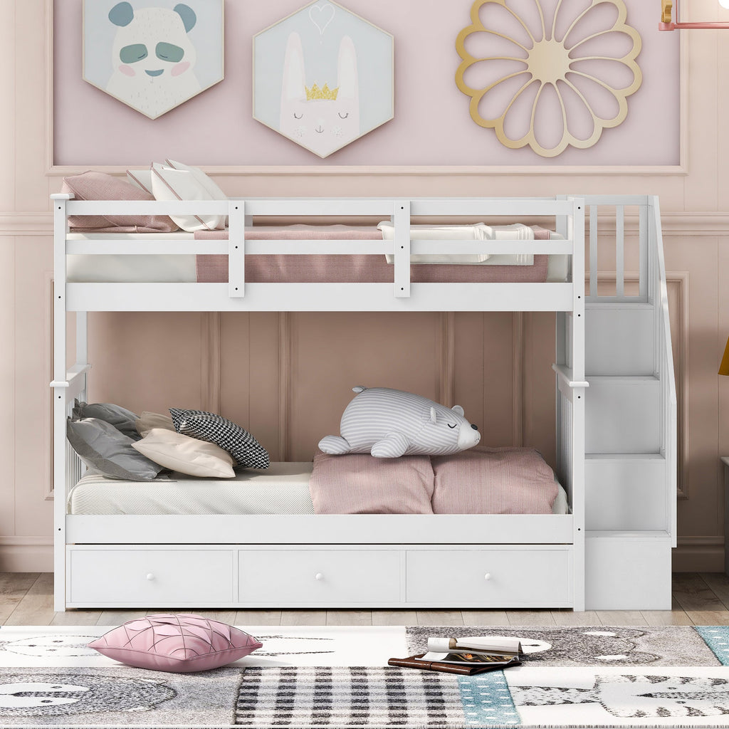 Stairway Twin-Over-Twin Bunk Bed with Three Drawers for Bedroom, Dorm