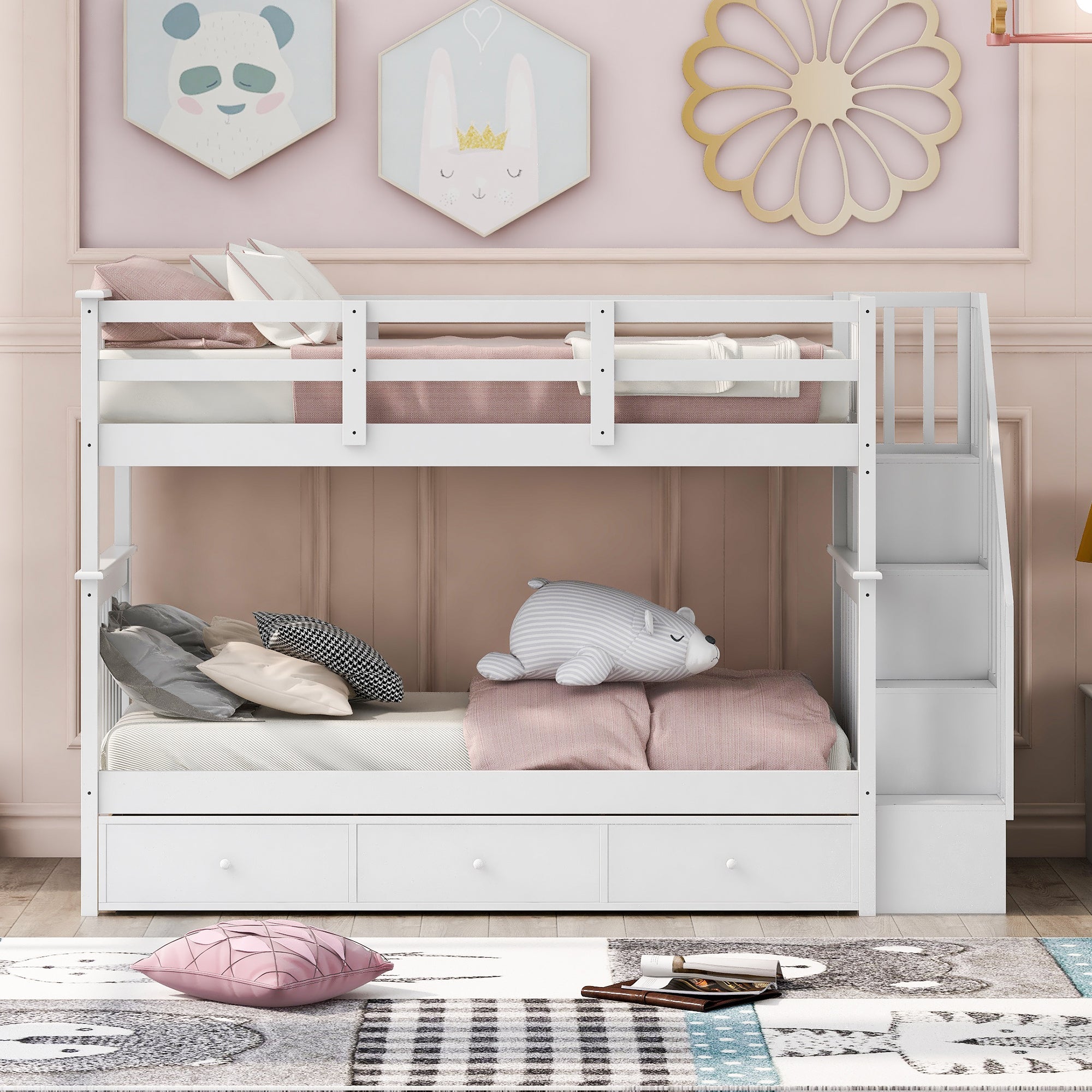 Stairway Twin-Over-Twin Bunk Bed with Three Drawers for Bedroom, Dorm