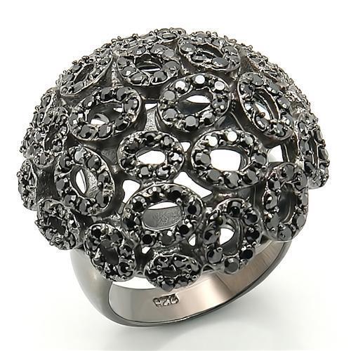 Turquoise Tiger Ruthenium Brass Ring with AAA Grade Jet CZ gemstone, showcasing a stylish jewelry piece with intricate design.