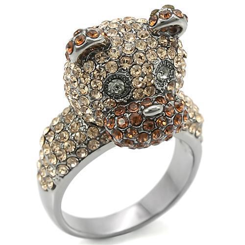 Turquoise Tiger Ruthenium Brass Ring with multi-color top-grade crystal, showcasing a polished band and vibrant gemstone accents.