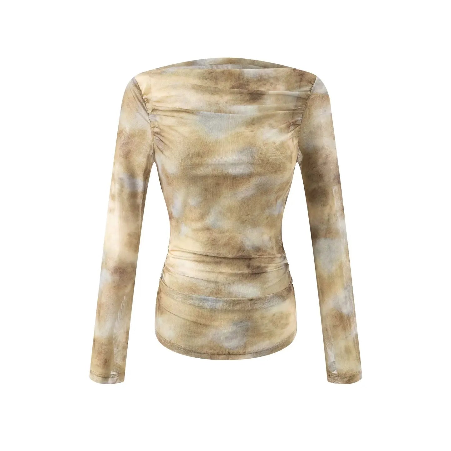 2025 Sexy Tie-Dye Print Ruched Shoulder T-Shirt for Women, Slim Fit Pleated Waist & Full Sleeve Tee (Character Count: 78)