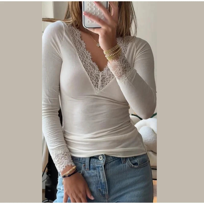 2026 Spring/Autumn Lady Fashion Inner Wear Casual V Neck Lace Trim Top Women's Solid Full Sleeve Underwear Shirt for Layering
