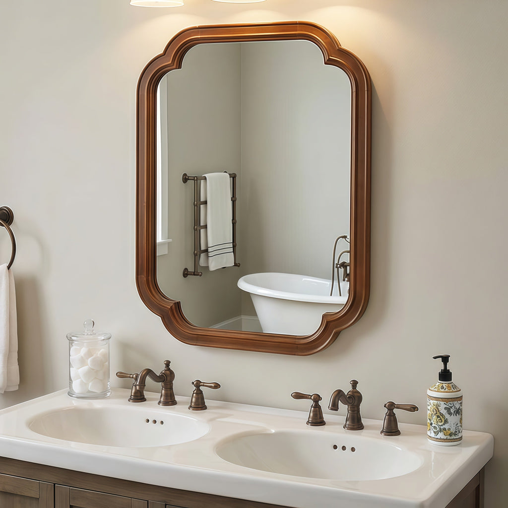 Solid Wood Frame Rounded Corner Decorative Mirror, For Bedroom,