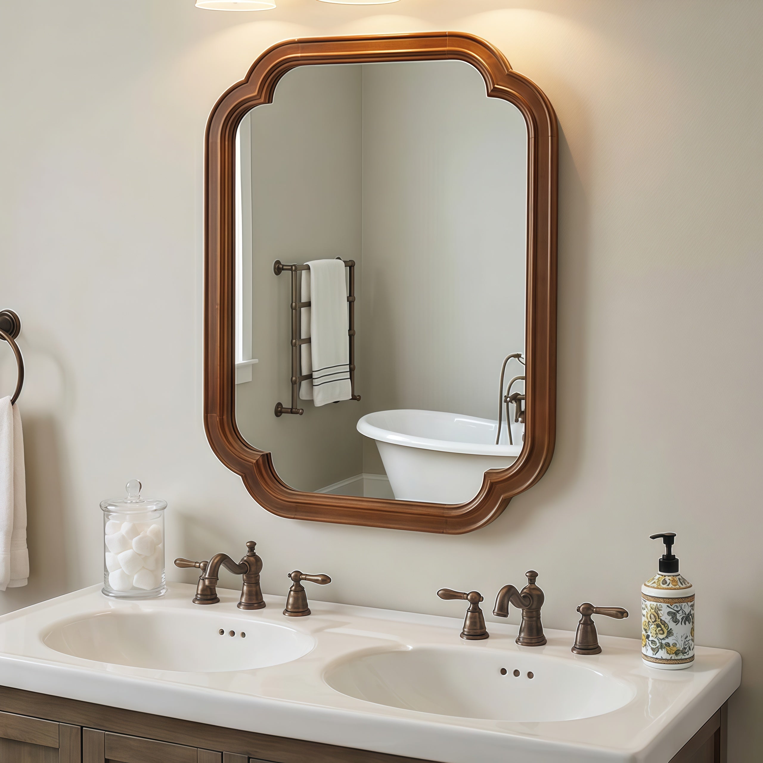 Solid Wood Frame Rounded Corner Decorative Mirror, For Bedroom,