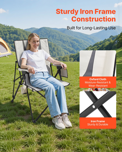 Start2Finish VEVOR folding camping chair with three recline positions, padded seat, armrest, headrest, and high back for outdoor use.