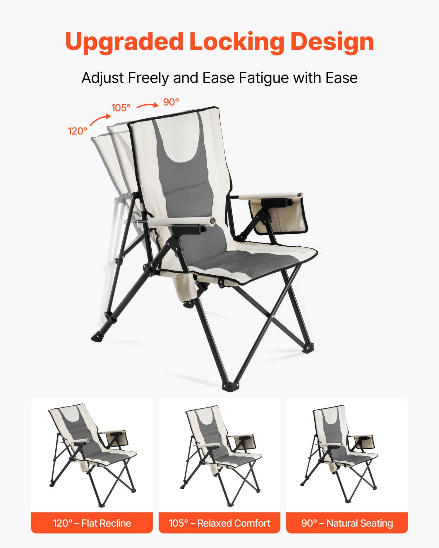 Start2Finish VEVOR folding camping chair with high back, armrest, headrest, reclining positions, and padded seat for outdoor use.