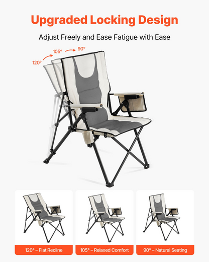 Start2Finish VEVOR folding camping chair with high back, armrest, headrest, reclining positions, and padded seat for outdoor use.