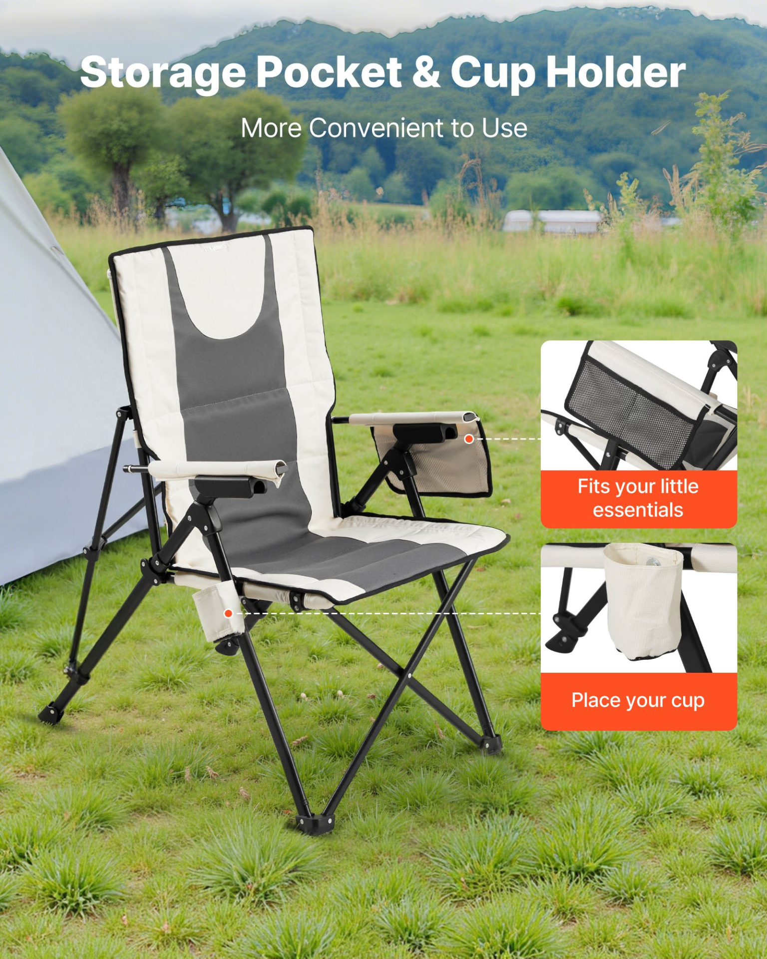 Start2Finish VEVOR folding camping chair with high back, armrest, headrest, 3 reclining positions, portable outdoor lawn chair.
