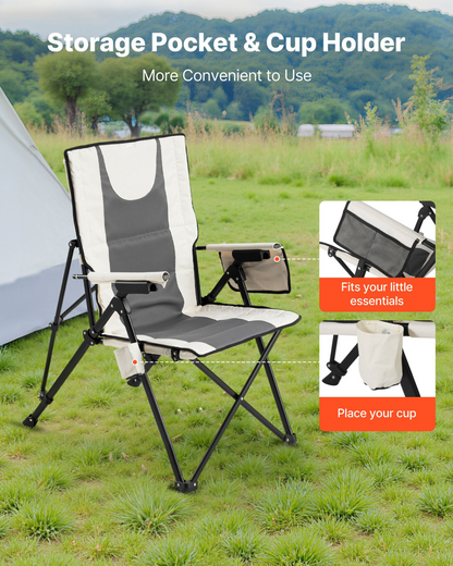 Start2Finish VEVOR folding camping chair with high back, armrest, headrest, 3 reclining positions, portable outdoor lawn chair.