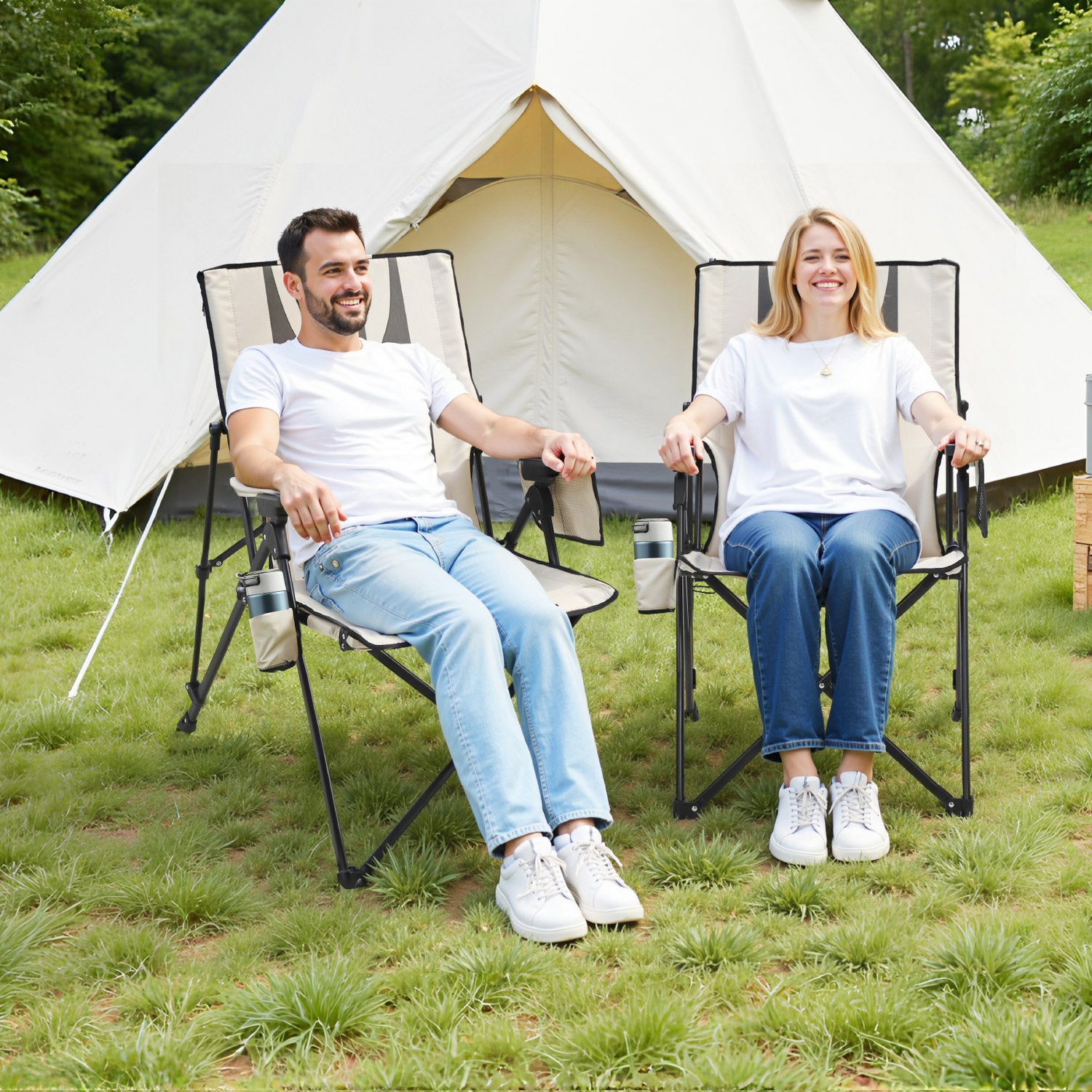 Start2Finish VEVOR folding camping chair with high back, padded seat, armrest, headrest, and 3 reclining positions for outdoor use.