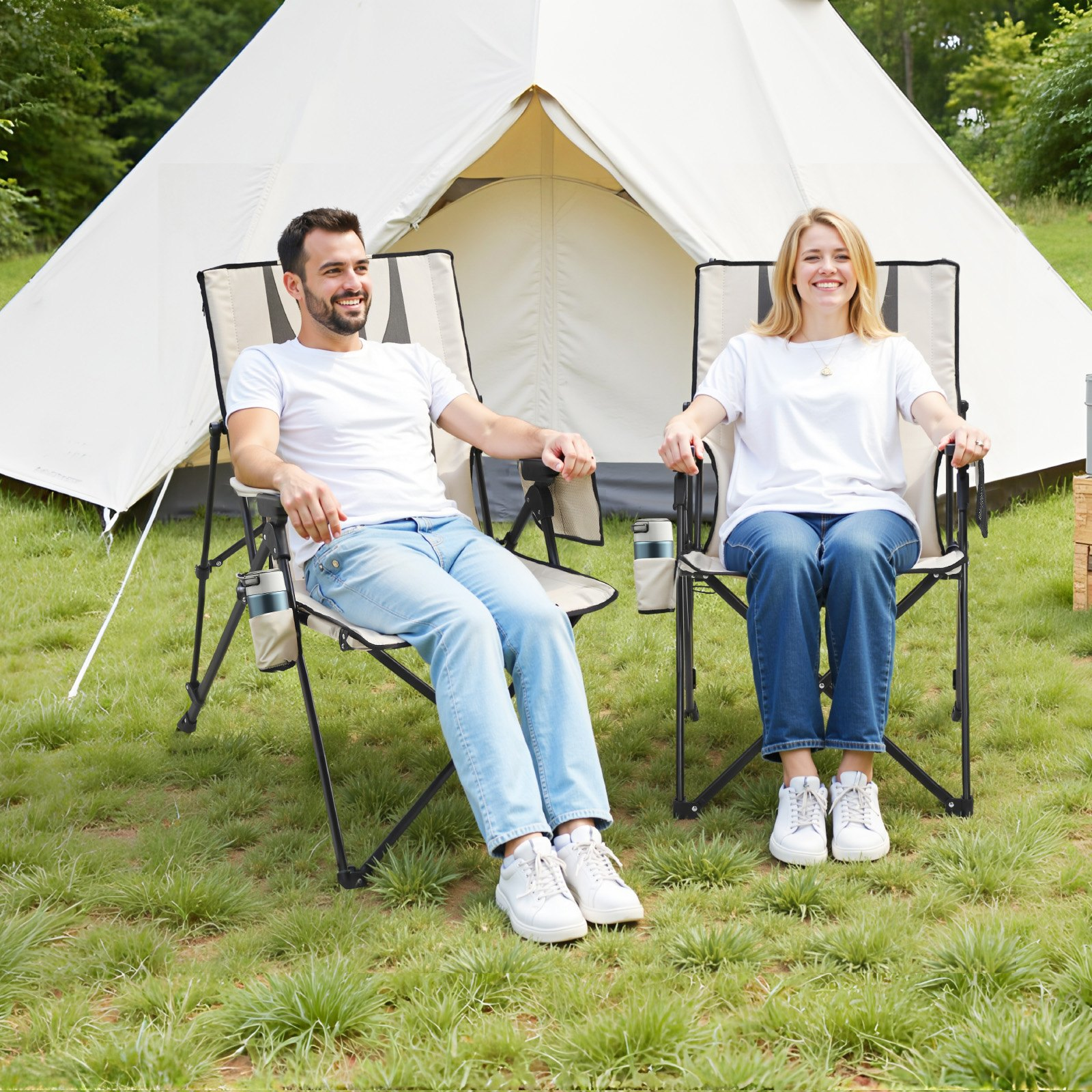 Start2Finish VEVOR folding camping chair with high back, padded seat, armrest, headrest, and 3 reclining positions for outdoor use.