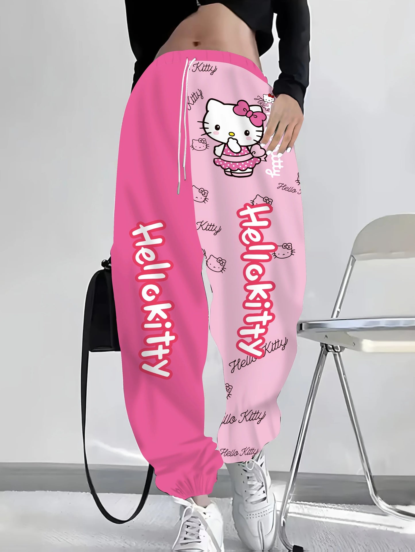 Hot Pink Light Pink Split‑Color Hello Kitty Long Pants Cartoon Polka‑Dot Bow Print Trousers for Lady