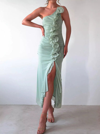 Stylish One-Shoulder Ruffle : Slit Dress
