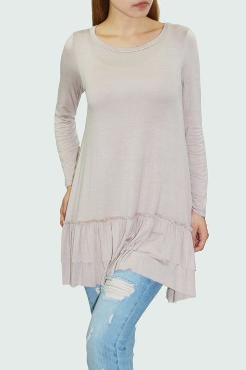 Ruffle bottom long sleeve tunic Beige