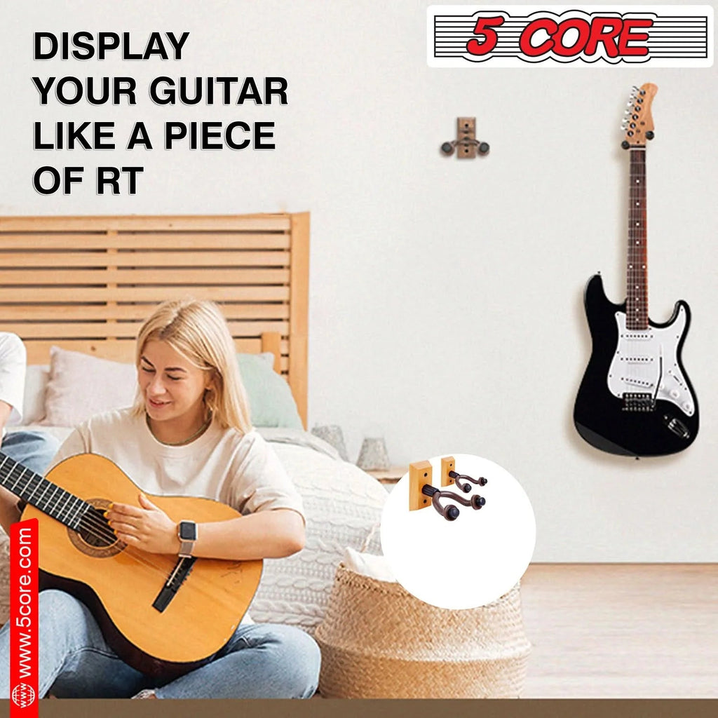 5Core Guitar Wall Mount Hanger 2Pack U-Shaped Wood Guitar Wall Hook