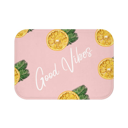 Yellow Pandora Good Vibes lemon-themed bathroom bath mat with textured surface and vibrant yellow color.