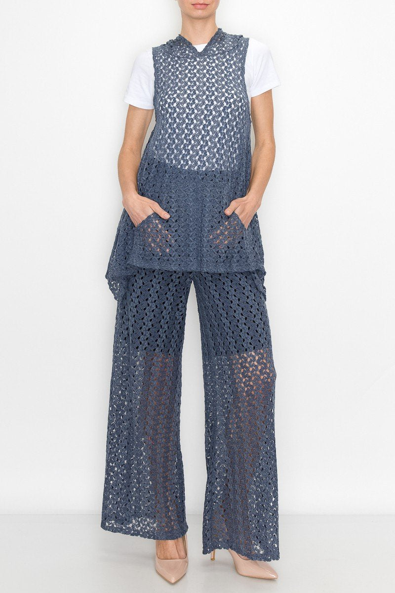 Sleeveless Hooded Top and Wide Leg Pants Set - Denim Blue