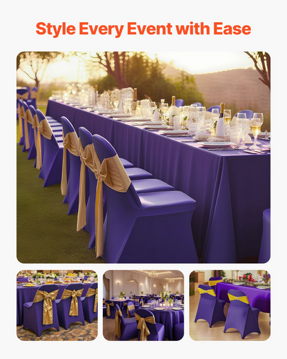 Start2Finish VEVOR purple polyester spandex chair covers on banquet chairs, stretch slipcovers for wedding and party decor.