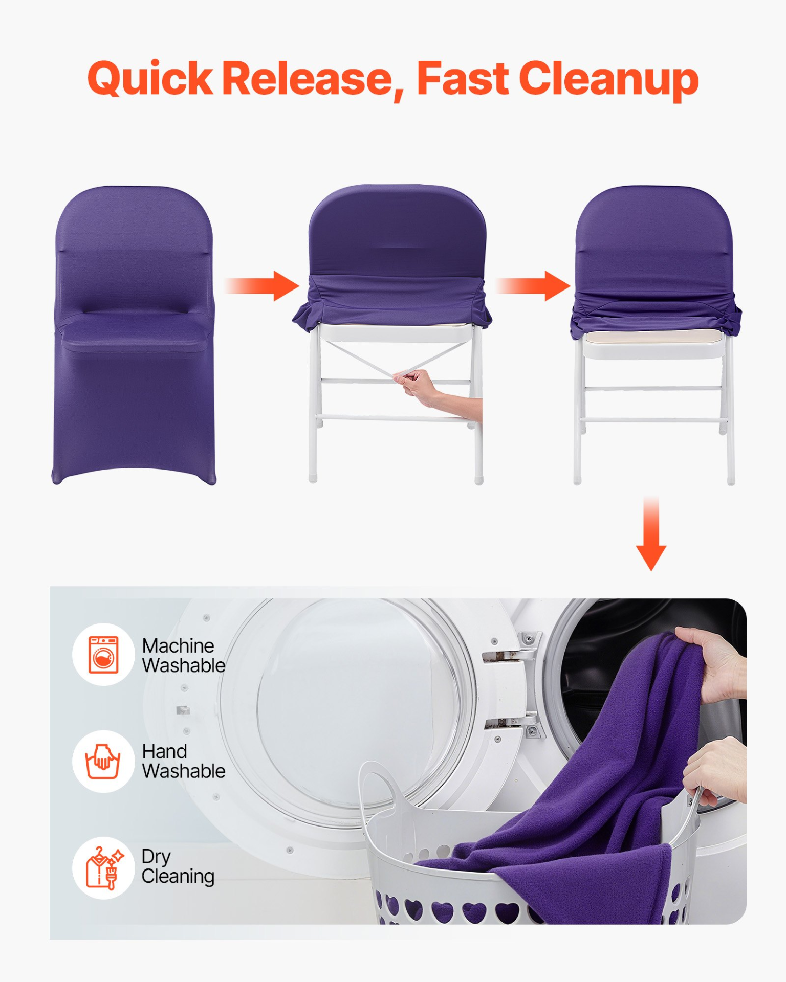 Start2Finish VEVOR 50 pcs purple polyester spandex chair covers for wedding and banquet chairs, fits up to 17.72 x 18.11 x 30.31 inches