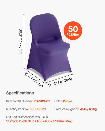Start2Finish VEVOR 50 pcs purple polyester spandex chair covers for wedding and banquet, fits chairs up to 17.72 x 18.11 x 30.31 inches