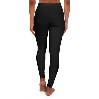 Women’s black fitness leggings by Grey Coco with a white abstract Mama pattern, shown laid flat on a white background.