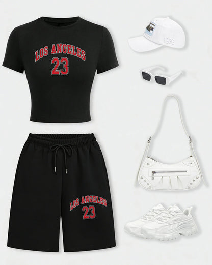 Los Angeles 24 Creative Letter Print T-Shirt Set Women Summer Cotton Crop T Shirt Wide-Leg Shorts Drawstring Pocket Gym Pant