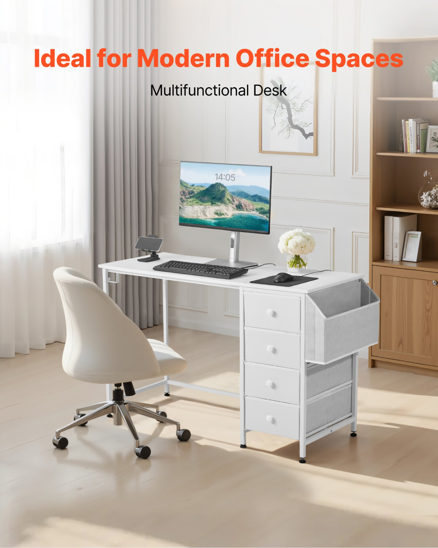 White VEVOR computer desk with fabric drawers, 120 cm reversible study table with metal frame for home office or bedroom use.