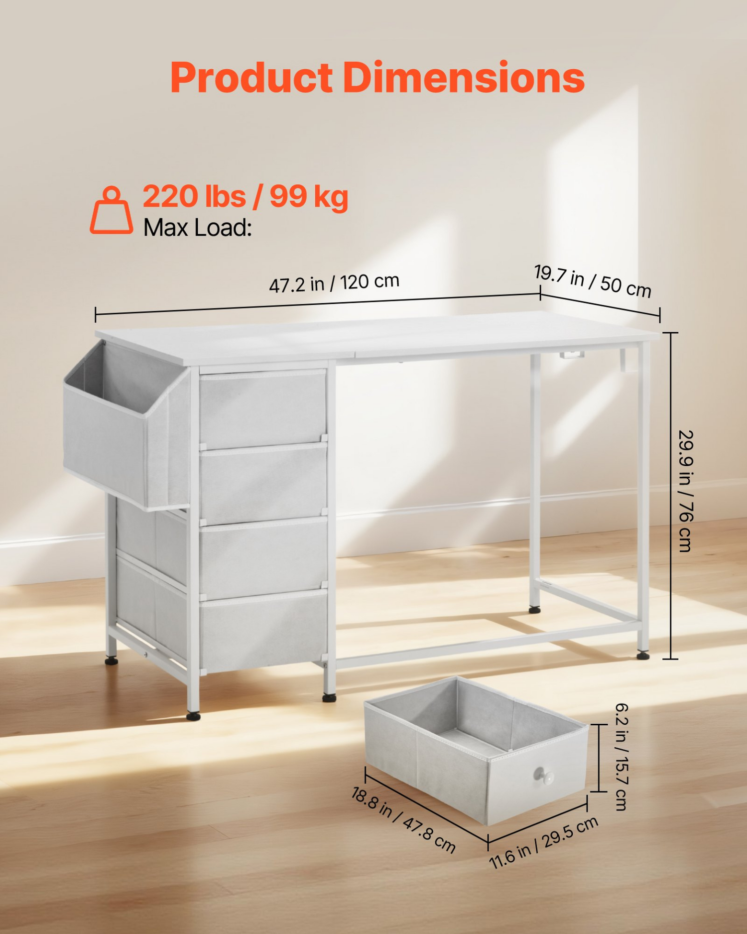 Modern white VEVOR computer desk with fabric drawers, metal frame, 120 cm reversible study and work table for home office.