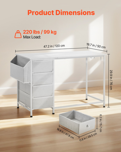 Modern white VEVOR computer desk with fabric drawers, metal frame, 120 cm reversible study and work table for home office.