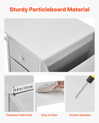 White VEVOR computer desk with fabric drawers, 120 cm reversible study table with metal frame for modern home office or bedroom use