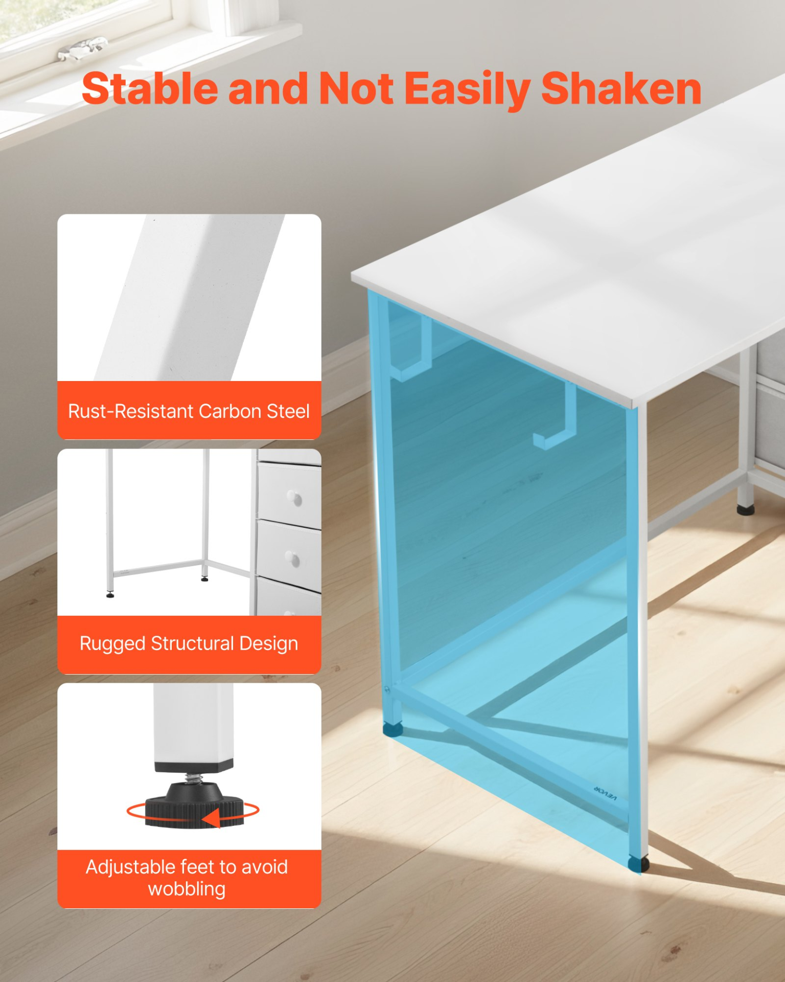 Start2Finish VEVOR white computer desk with fabric drawers, metal frame, 120cm reversible study workspace for home office or bedroom.