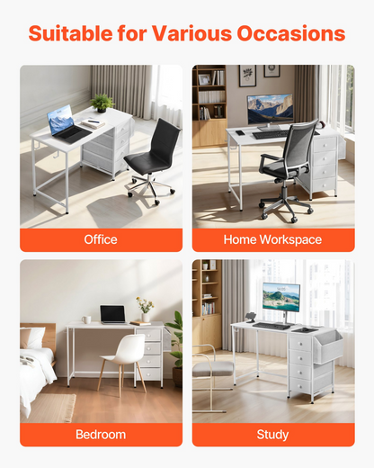 White VEVOR computer desk with fabric drawers, metal frame, 120cm reversible study work desk for modern home or office use.