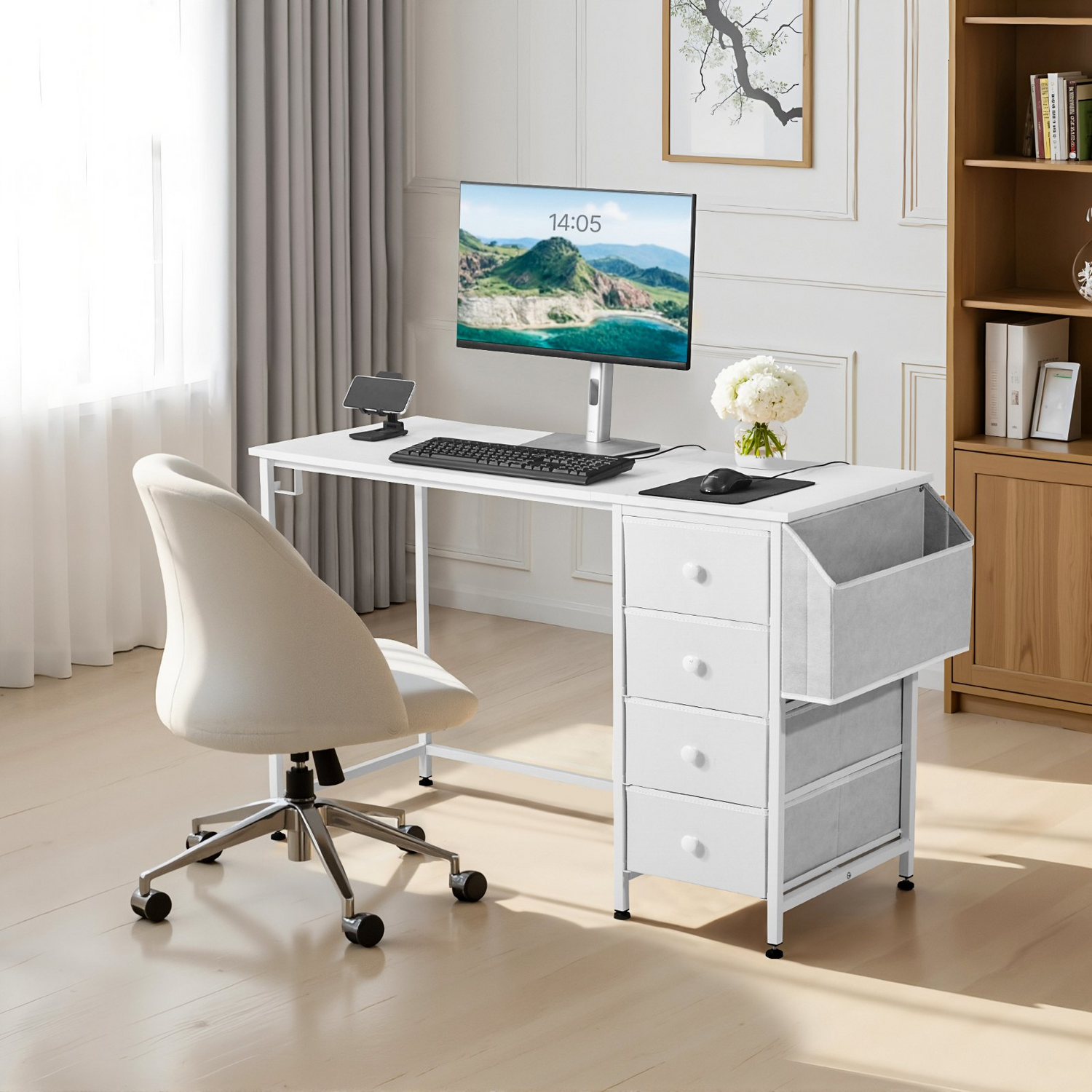 Start2Finish VEVOR white computer desk with fabric drawers, 120cm reversible study and writing workspace with metal frame.