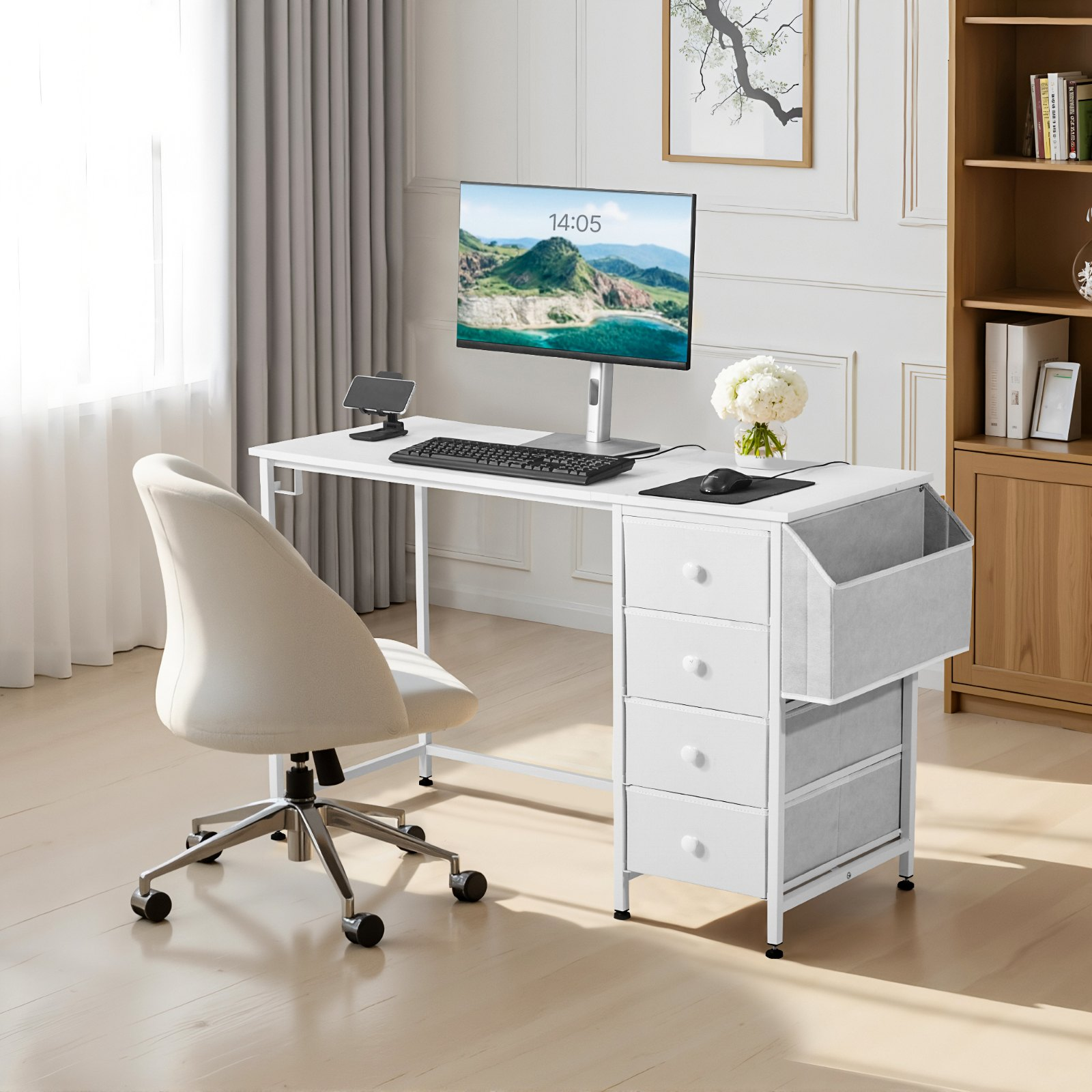 Start2Finish VEVOR white computer desk with fabric drawers, 120cm reversible study and writing workspace with metal frame.