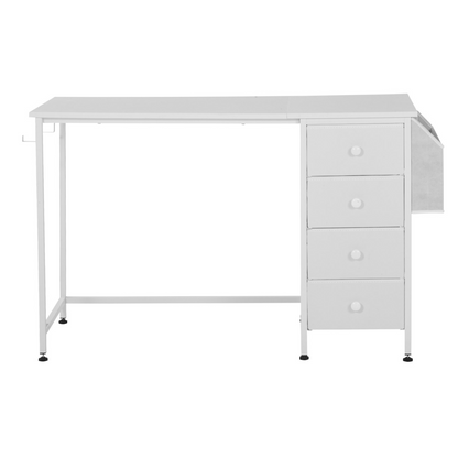 White VEVOR computer desk with fabric drawers, 120 cm reversible study table with metal frame for home office or bedroom use.