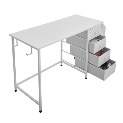 Start2Finish VEVOR white computer desk with fabric drawers, metal frame, 120cm reversible study work table for modern home office.