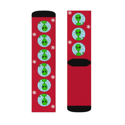 Yellow Pandora holiday alien socks featuring colorful alien designs, perfect for festive or casual wear.