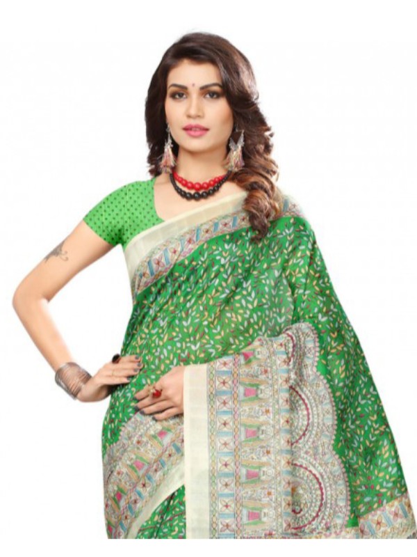 Printed Bhagalpuri Art Silk Green With Multi Color