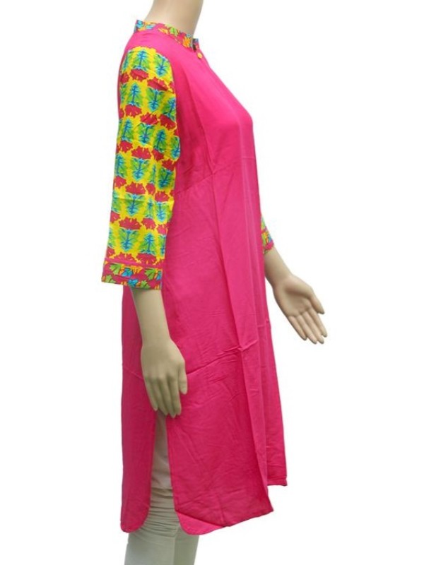 Pink Solid Chinese Collar Kurti For Women