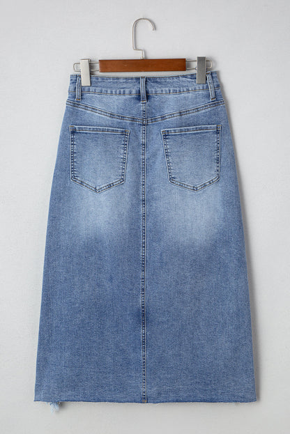 Byzantium Bay denim distressed midi skirt for women, featuring a casual, stylish design with frayed edges and a high-waisted fit.