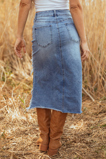 Byzantium Bay denim distressed midi skirt for women, showing a button-front design and frayed hem in a casual, trendy style.