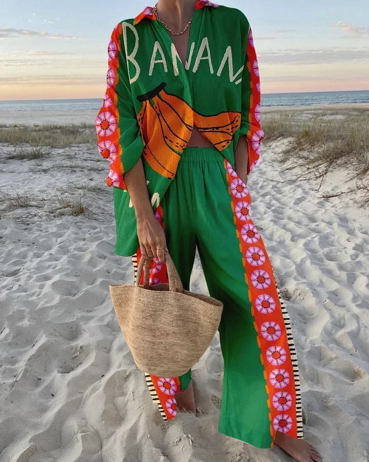 Funny Printed Loose Two Piece Set Women Tropical Beach Holiday Outfits 2024 Casual Lapel Button Shirt Wide Leg Pants Sets