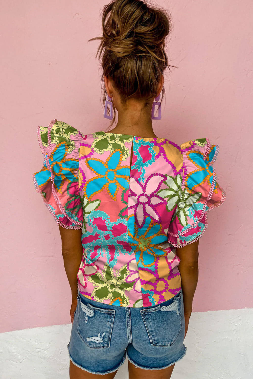 Multicolor Vibrant Floral Print Trimmed Ruffle Sleeve Blouse Sto