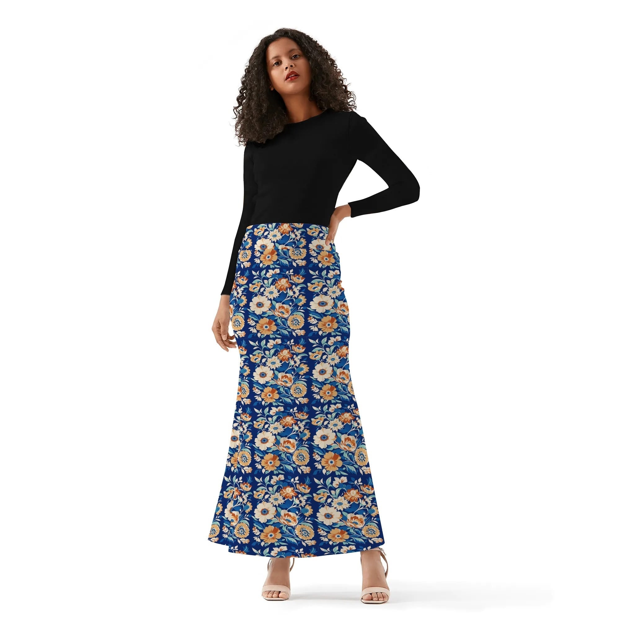 Womens Foral Wrap Fishtail Long Skirt