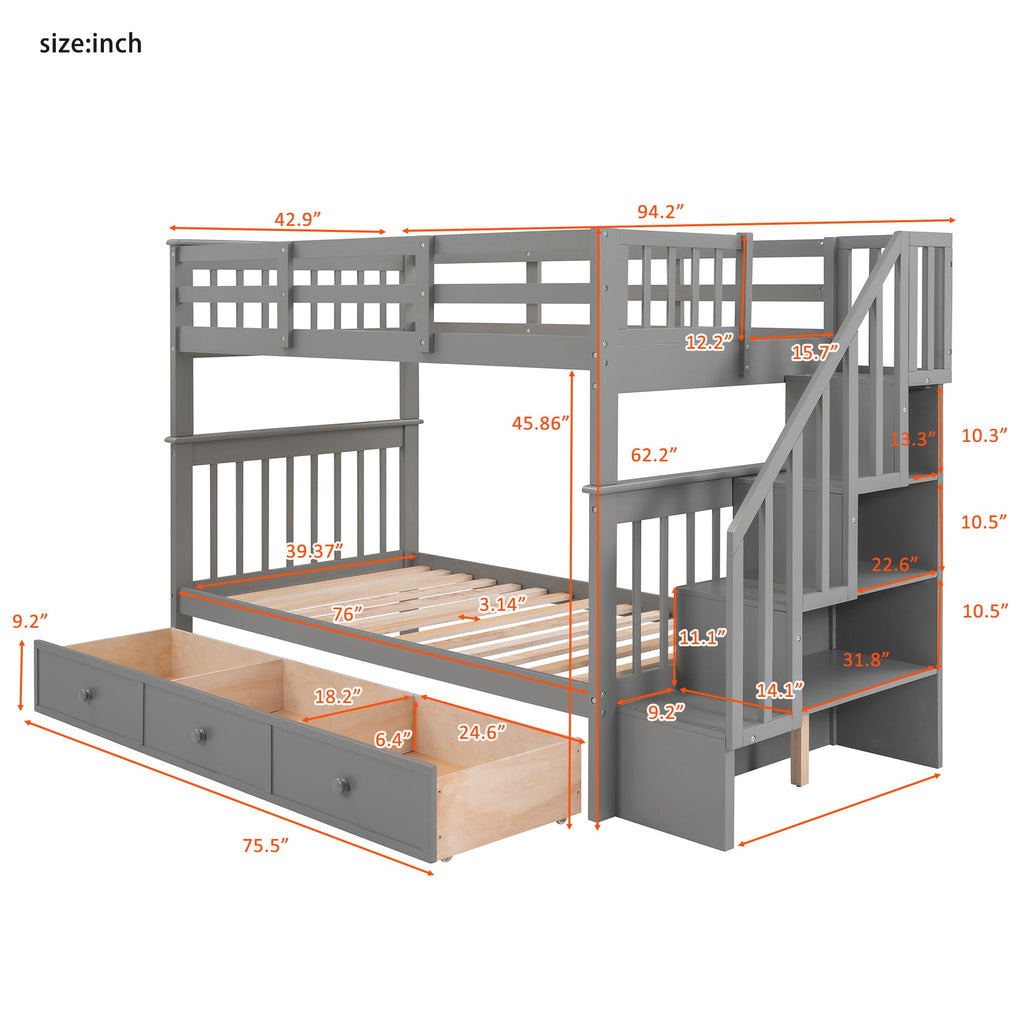 Stairway Twin-Over-Twin Bunk Bed with Three Drawers for Bedroom, Dorm