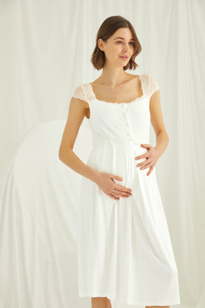 Shopymommy 18202 Lace Maternity & Nursing Nightgown With Robe Set Ecru