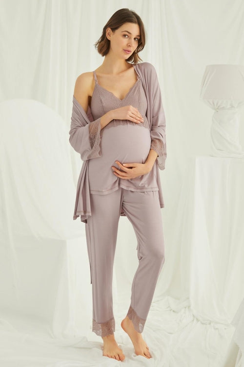 Shopymommy 18431 Lace Strappy 3-Pieces Maternity & Nursing Pajamas