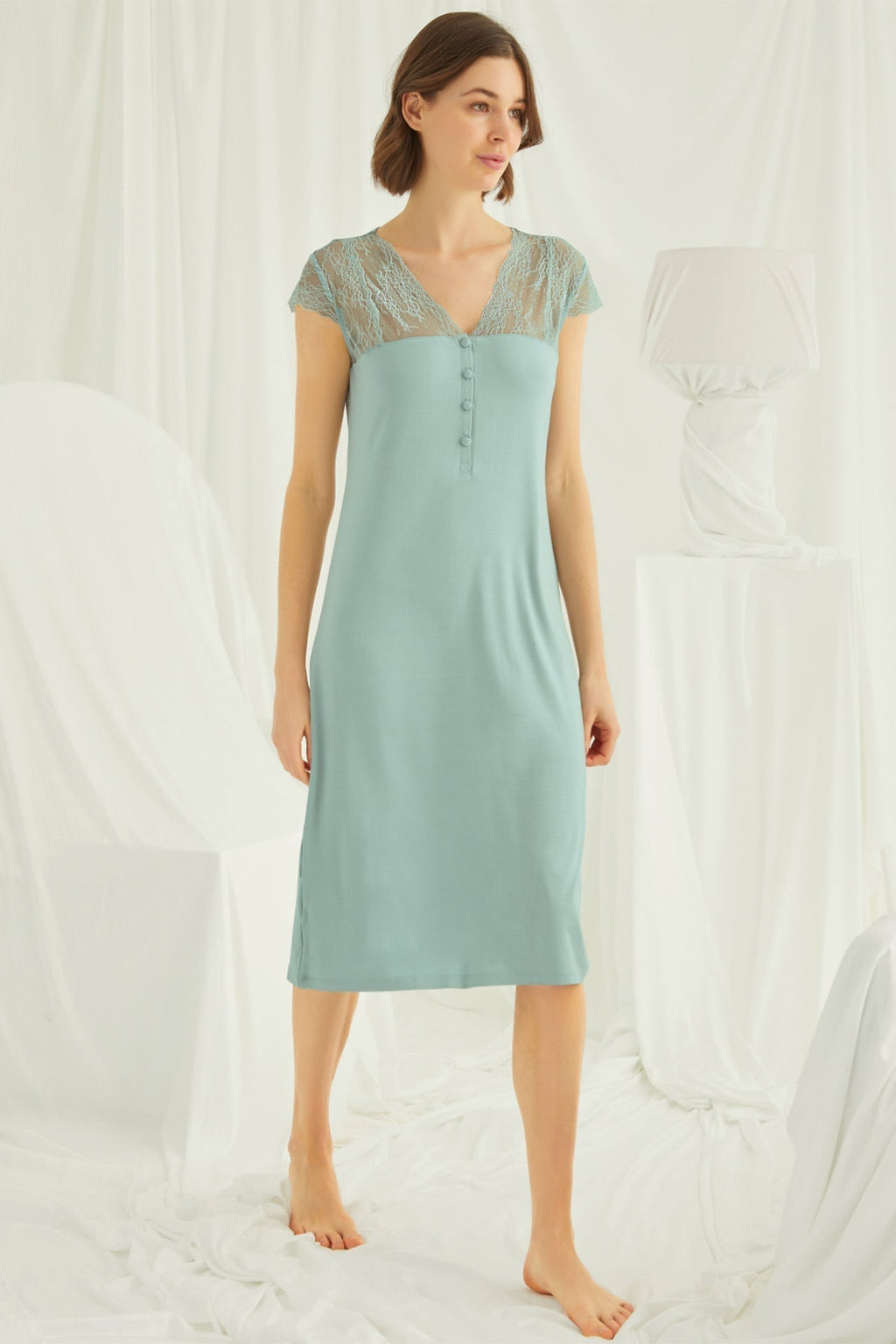 Shopymommy 18463 Lace V-Neck Long Maternity & Nursing Nightgown Green