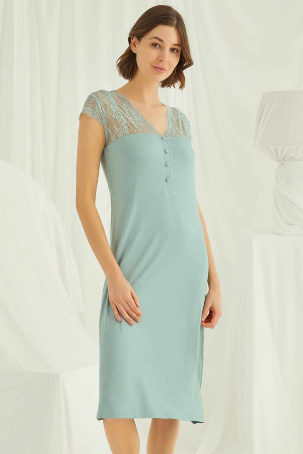 Shopymommy 18463 Lace V-Neck Long Maternity & Nursing Nightgown Green