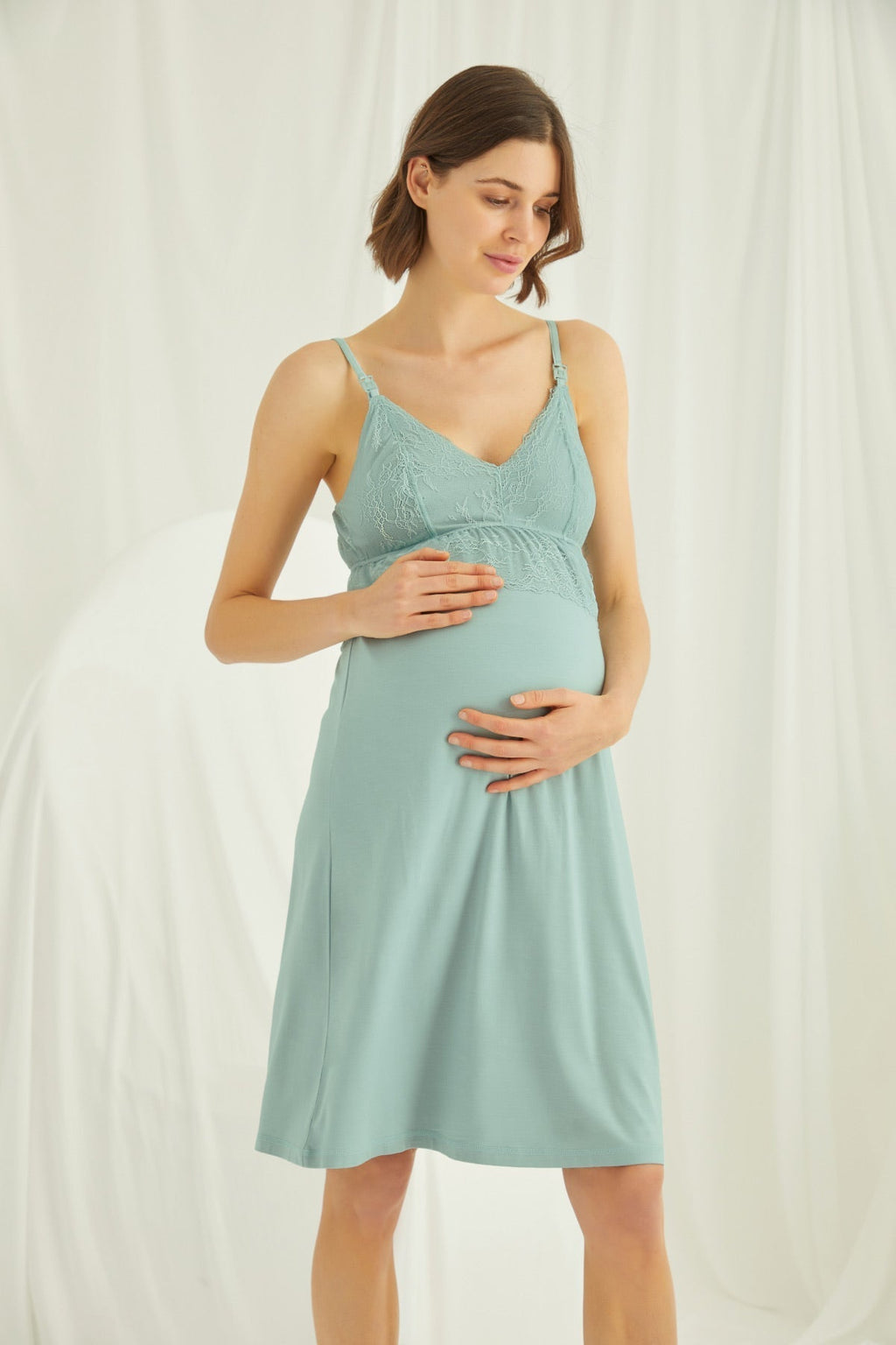 Shopymommy 18470 Lace Strappy Maternity & Nursing Nightgown With Robe